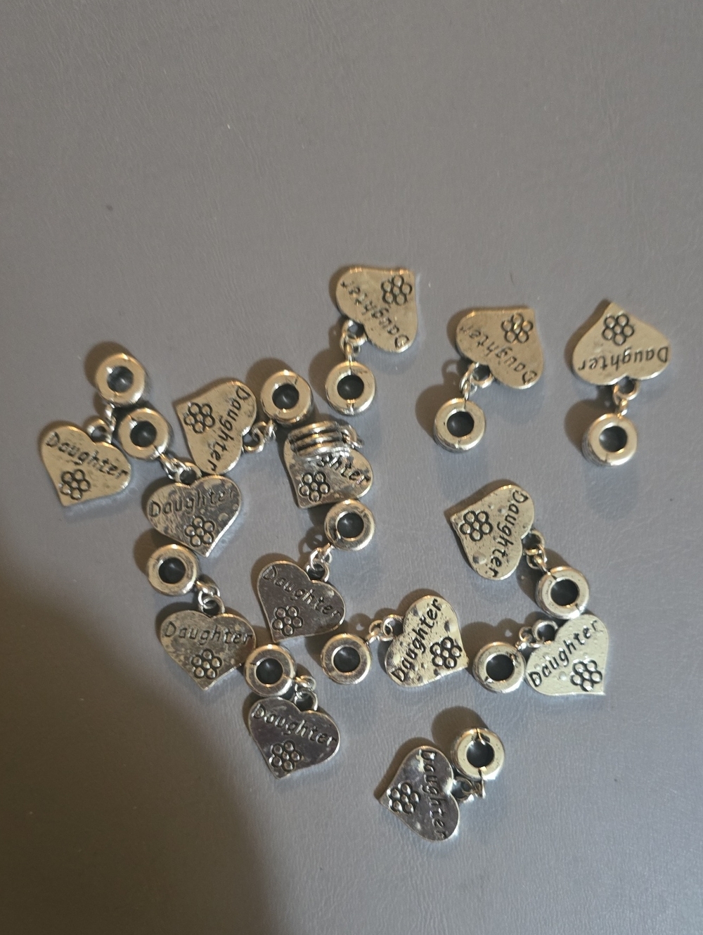 Silver 'Daughter' Heart Charm Beads - Set of Silver Charms 14 total